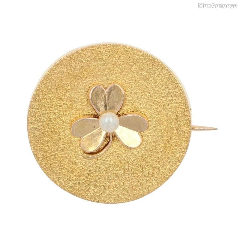 Broche Or Jaune Trèfle Perle